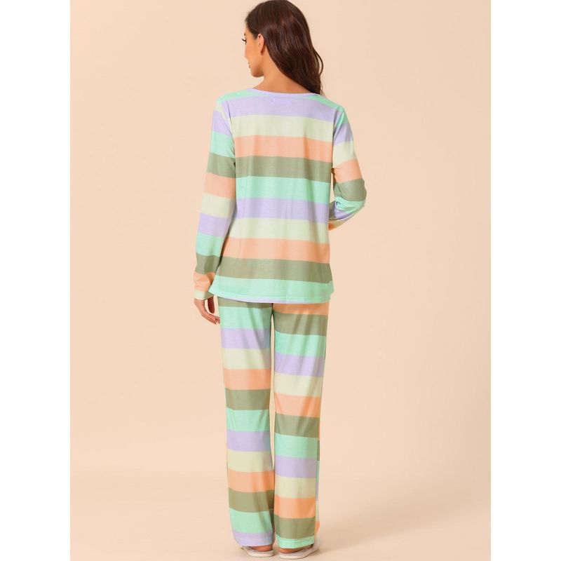 cheibear Women's Cotton Rainbow-Stripe Long Sleeves Lounge with Pants Pajama Set, 4 of 7