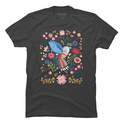 Men's Design By Humans Folk Art Inspired Hummingbird With A Flurry Of Flowers By LittleBunnySunshine T-Shirt