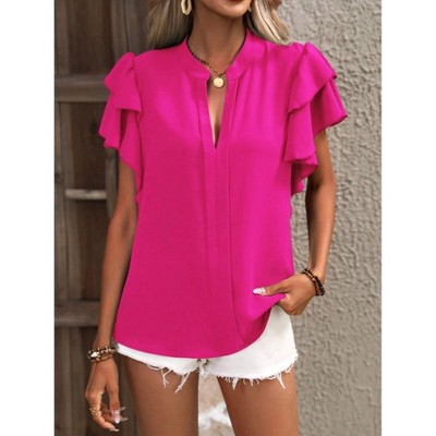 Womens Flowy Tunic Tops with Flutter Sleeve V Neck Tops Front Seam Short Sleeve Blouse Summer Casual Tops