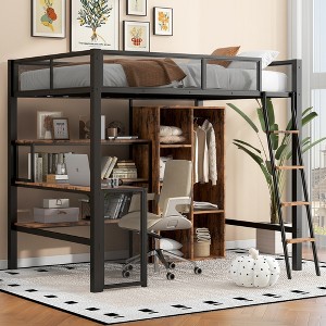 Full Size Metal Loft Bed with Built-in Desk, Wardrobeand Shelves - 1 of 4