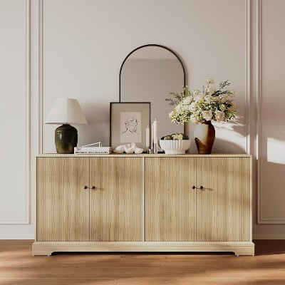 SAINTCY Modern Mid-Century Sideboard Cabinet with 4 Fluted Doors, LED-Lit TV Stand & Coffee Bar Storage for Living Room, Dining Room & Hallway