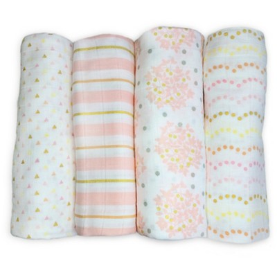 SwaddleDesigns Cotton Muslin Swaddle Blankets - Heavenly Floral Shimmer - 4pk - Pink