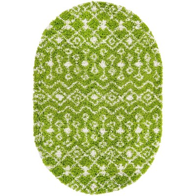 Green and Ivory Oval Trellis Shag Synthetic Rug 4' x 6'