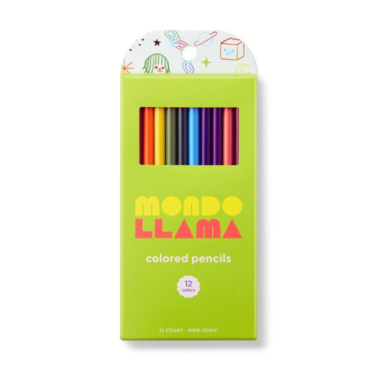 A box of 12 colored pencils in various shades, packaged in a green box with "MONDO LLAMA" and "colored pencils" text on the front.