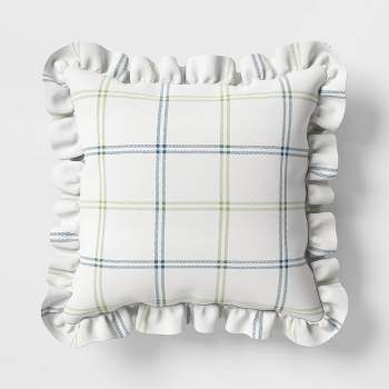 19"x19" Plaid Ruffle Square Indoor Outdoor Throw Pillow White - Threshold™ designed with Studio McGee