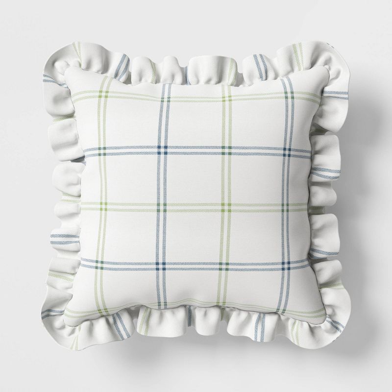 19&#34;x19&#34; Plaid Ruffle Square Indoor Outdoor Throw Pillow White - Threshold&#8482; designed with Studio McGee, 1 of 6