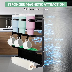 Magnetic Cup Holder for Refrigerator Side – Foldable Space-Saving Organizer with Shelf & Hooks, Holds 3 Large Cups, Sturdy Carbon Steel - 1 of 4