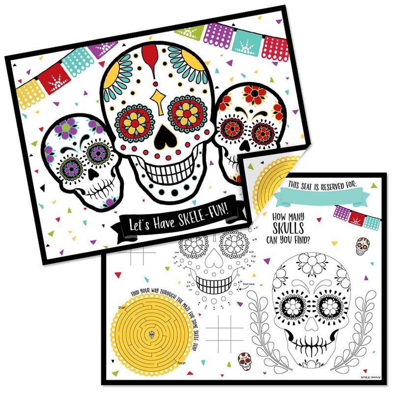 Big Dot of Happiness Day of The Dead - Paper Sugar Skull Party Coloring Sheets - Activity Placemats - Set of 16, 1 of 7