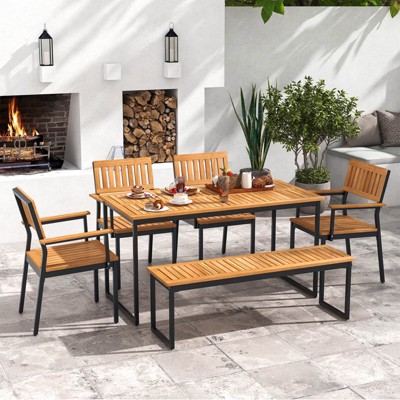 Costway 6 PCS Outdoor Acacia Wood Dining Set with Bench 2" Umbrella Hole for 6-7 People