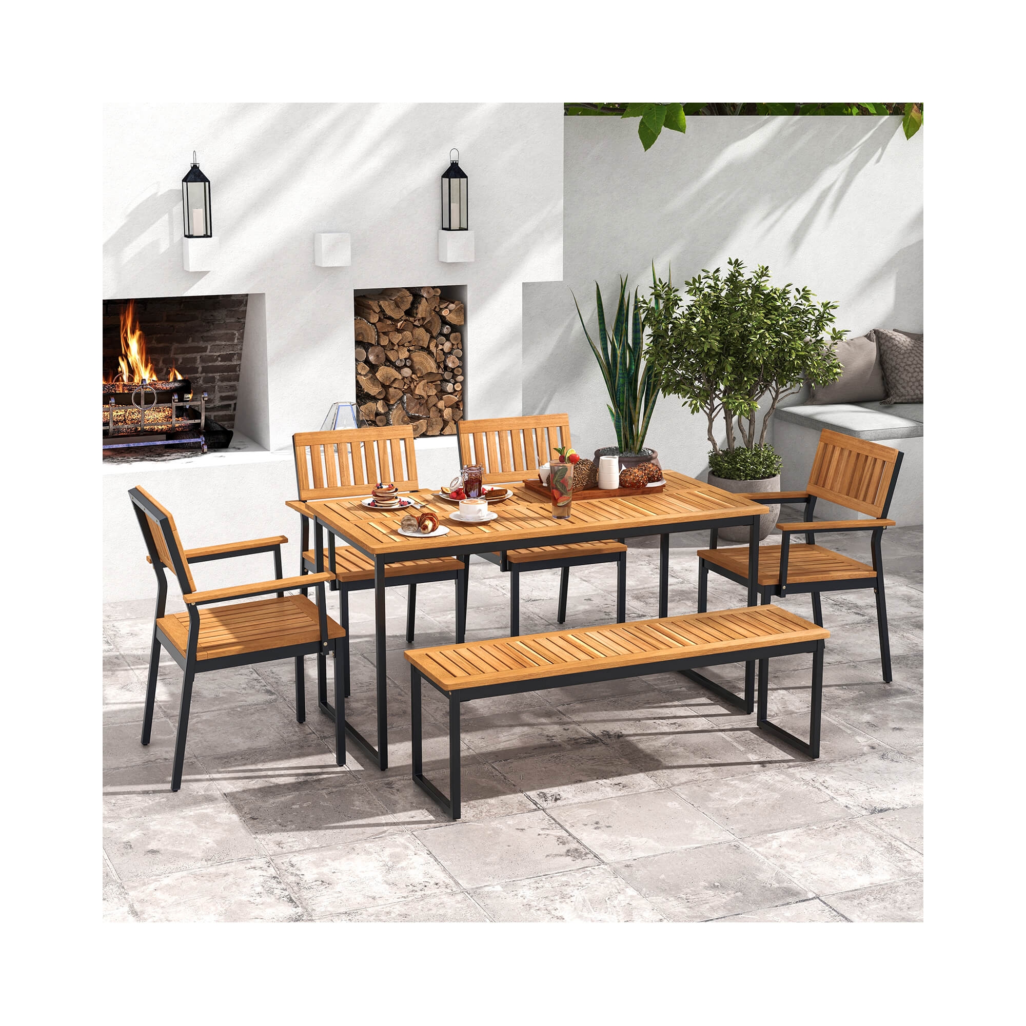 Costway 6 PCS Outdoor Acacia Wood Dining Set with Bench 2" Umbrella Hole for 6-7 People
