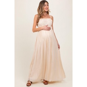 PinkBlush Beige Lace Bodice Cutout Tie Back Maternity Maxi Dress - 1 of 4