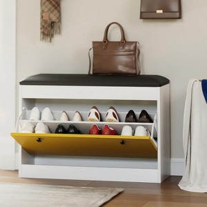 Shoe Storage Bench Modern Shoe Organizer Bench with Flip Drawer & PU Cushion - 1 of 4