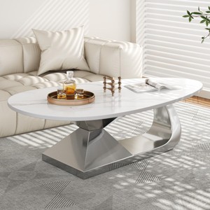Modern Oval Coffee Table,Faux Marble Sintered Stone Top with Stainless Steel Base,Scratch-Resistant Living Room Center Table-Coolbibila - 1 of 4