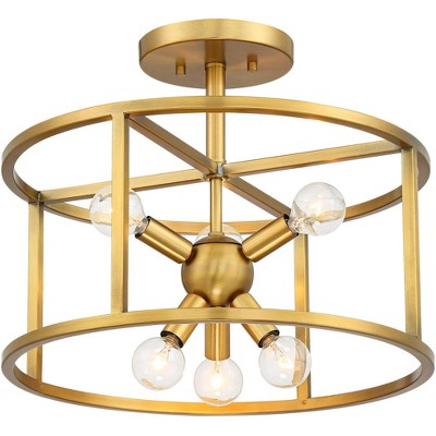 Possini Euro Design Mid Century Modern Ceiling Light Semi Flush Mount Fixture Warm Brass 16" Wide 3-Light Open Caged for Bedroom