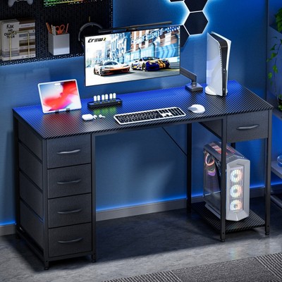 GTRACING 47 Inch Gaming Desk with 5 Fabric Drawers and Carbon Fiber Surface Compact Computer Table with Storage Organizer