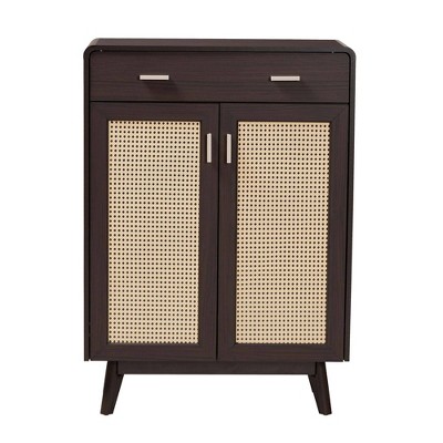 Baxton Studio Giancarlo Wood 2 Door Shoe Cabinet with Rattan Door Espresso Brown/Light Brown: Fixed Shelves, Particle Board Frame