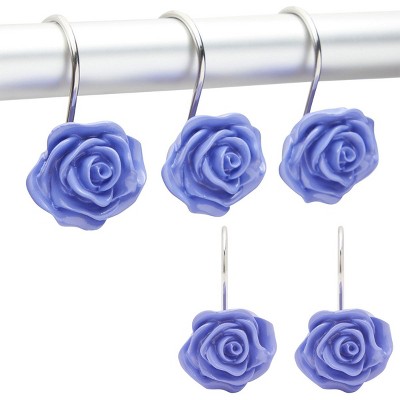 Okuna Outpost Set of 12 Purple Flower Rose Shower Curtain Hangers Hooks, Vintage Floral Stainless Steel Bathroom Décor