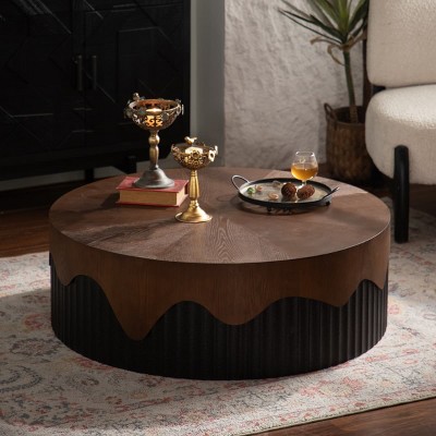 Round Coffee Tables with Handcrafted Relief Base, 30"/39" Modern Accent Side Table for Living Room, Apartment, Small Space, or Lounge-Tanpinhause