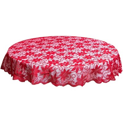 Red and White Lace Round Christmas Tablecloth, 72 Inch
