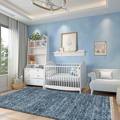 Brooke Blue and Ivory Shag Tasseled Runner Rug