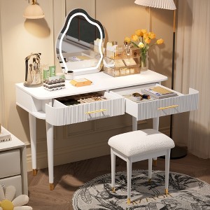 TIRAMISUBEST Modern Vanity Table Set with Mirror Touch Screen Lighted Mirror, Dressing Table and Cushioned Stool Set with 2 Large Drawers - 1 of 4