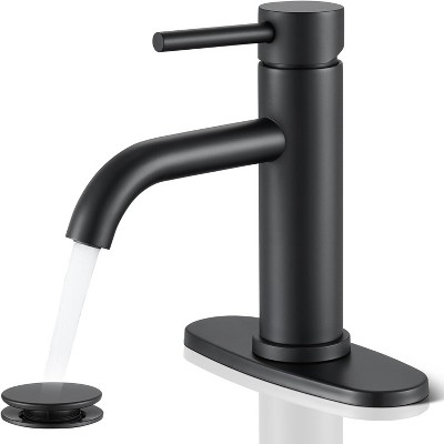 Attop black single-hole bathroom faucet with spring-loaded drain and hose, single handle, suitable for bathroom sinks, RVs and farmhouses