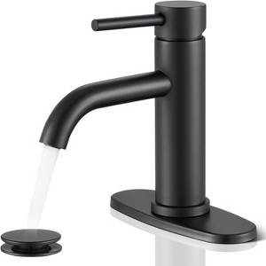 Attop black single-hole bathroom faucet with spring-loaded drain and hose, single handle, suitable for bathroom sinks, RVs and farmhouses - 1 of 4