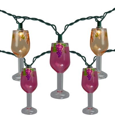 Kurt S. Adler 10-Count Pink and White Wine Glass Novelty Light Set - 9.75ft Green Wire