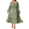 Agnes Orinda Women's Plus Size Square Neck Long Sleeve Smocked Flowy Tiered Casual Midi A-Line Dress Green - 4 of 4