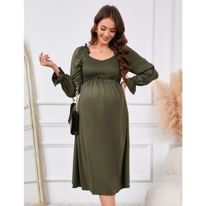 Coolmee Women Maternity Smocked Crew Neck Long Ruffled Sleeve Elastic Waist Flowy A-Line Midi Dress For Photoshoot Baby Shower - 1 of 4