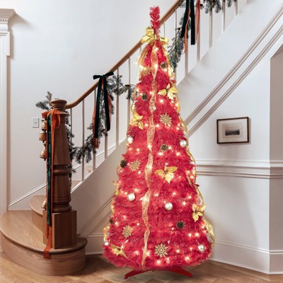 NAYSAYE Christmas Tree Stand 6ft Red Pop Up Tree with Decorations for Space Saving Holiday Decor, Red, 30"*72"*8.14"