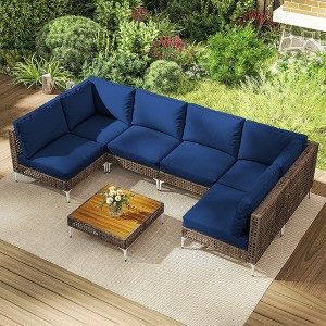 Outsunny 7 Piece Wicker Patio Furniture Set, Modular Outdoor Sectional Conversation Set with Thickened Cushions, Acacia Wood Table - 1 of 4