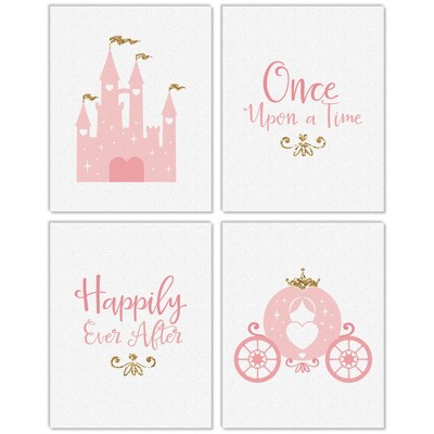 Big Dot of Happiness Little Princess Crown - Unframed Pink & Gold Castle Nursery or Kids Room Linen Paper Wall Art - Set of 4 Artisms 11 x 14 inches