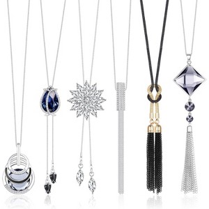 6Pcs Women Long Sweater Necklace Silver Plated Rhinestone Flower Tassel Pendant Neckace Jewelry Women Gifts - 1 of 4