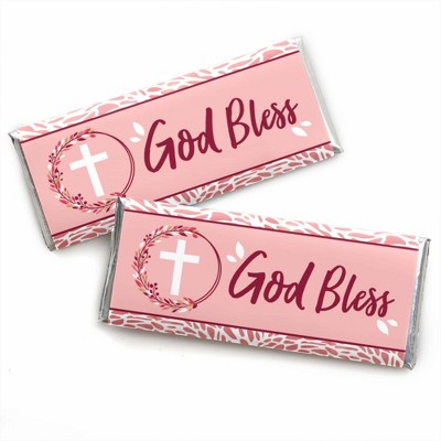 Big Dot of Happiness Pink Elegant Cross - Candy Bar Wrapper Girl Religious Party Favors - Set of 24