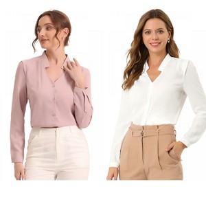INSPIRE CHIC Women's Elegant V Neck Work Office Button Up Shirt 2 Packs - 1 of 4