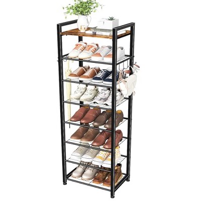 Simple Trending 8 Tiers Shoe Rack 16 Pairs Wooden Plank Shoe Shelf with Hooks for Closet Entryway Organizer Sturdy FreeStanding Shoe Storage,Black