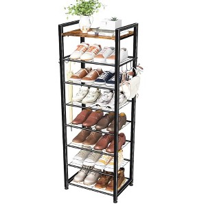 Simple Trending 8 Tiers Shoe Rack 16 Pairs Wooden Plank Shoe Shelf with Hooks for Closet Entryway Organizer Sturdy FreeStanding Shoe Storage,Black - 1 of 4
