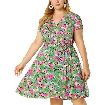 Agnes Orinda Women's Plus Size Regular Fit Deep V Neck Above Knee Cap  Sleeve Floral Dress Cyan 2x : Target