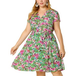 Agnes Orinda Women's Plus Size Casual Floral Tie Waist Short Sleeve Knee Length A Line Dresses - 1 of 4