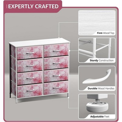 White and Pink 8-Drawer Fabric Dresser with Steel Frame