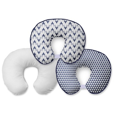 Bacati - 3 pc Olivia Tribal Navy Bucks/Triangles Muslin Hugster Feeding & Infant Support Nursing Pillow with 2 removable zippered covers