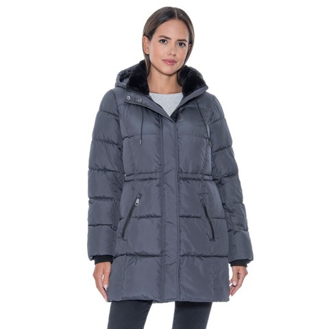 Sebby Women's 3/4 Puffer Coat with Cozy Faux Fur - S.E.B. By Sebby Grey X-Large
