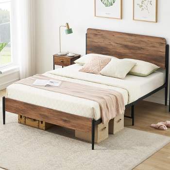 Queen Bed Frame with Wooden Look Headboard, Metal Bed Frame with Under Bed Storage, No Box Spring Needed, Walnut Color