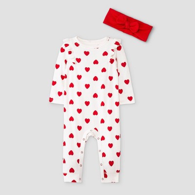Image of Baby Girls' Heart Rib Romper with Headband - Cat & Jack™ White/Red Newborn