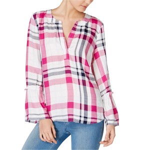 maison Jules Womens Plaid Split-Neck Pullover Blouse - 1 of 1