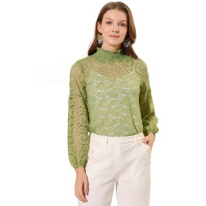 INSPIRE CHIC Women's See Through Mock Neck Long Sleeve Floral Lace Blouse - 1 of 4