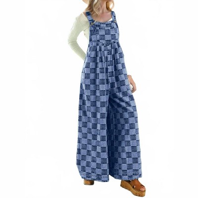 Women's Checkered Sleeveless Wide Leg Denim Jumpsuit - Double Take