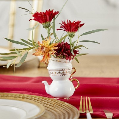 Small White and Gold Ceramic Teapot and Teacup Bud Vase Set