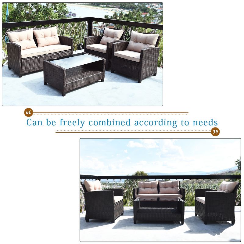 Costway 8PCS Outdoor Rattan Furniture Set Cushioned Sofa Armrest Table, 5 of 11